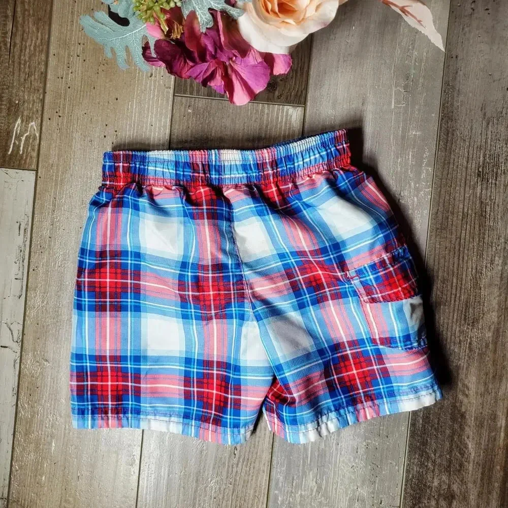 OP Baby Boy Board Shorts Swim Trunks Blue Red White Plaid Size 18m NWOT